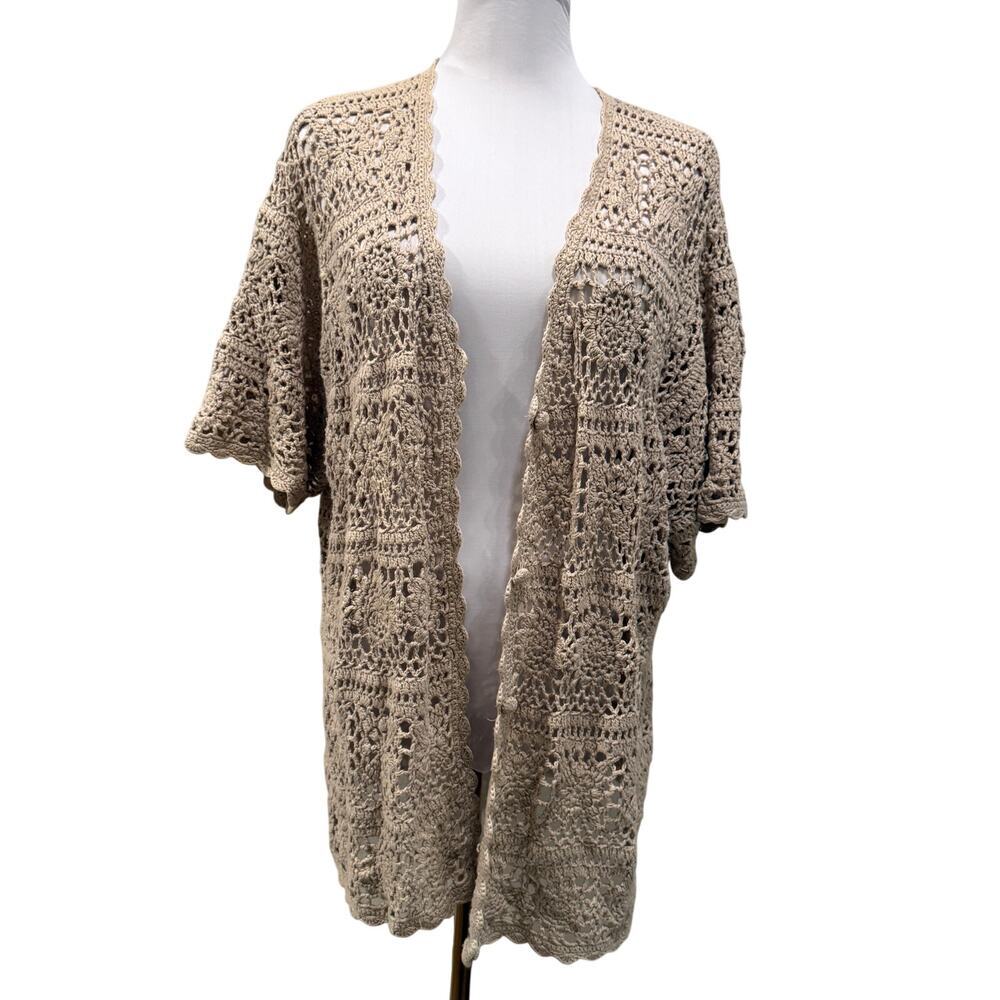 Jennifer Moore Beige Crochet Open Front Ramie Cotton Cardigan 2X Boho Granny